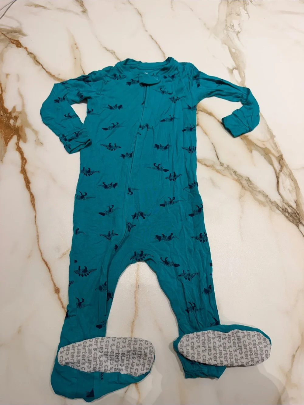 Carter's Turquoise Dinosaur Print Zip-Up Footed One-Piece for Kids 18m